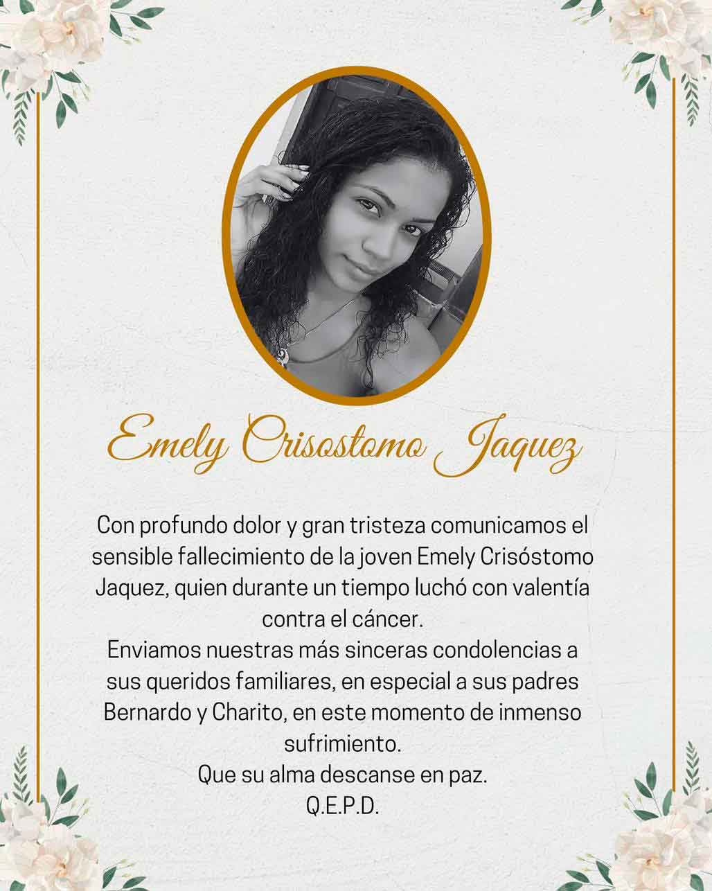 Fallecimiento de Emely Cris&oacute;stomo J&aacute;quez