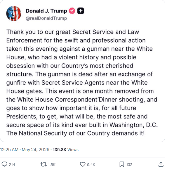 Trump agradece rápida respuesta del Servicio Secreto tras tiroteo cerca de la Casa Blanca