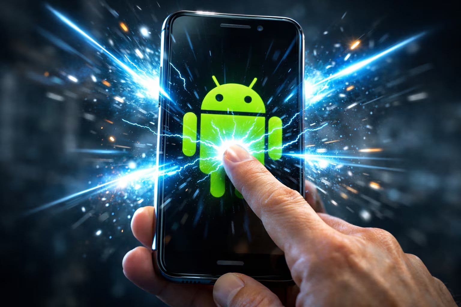 Un dedo toca la pantalla de un móvil Android, generando un efecto visual de potencia y energía. (Imagen Ilustrativa Infobae)