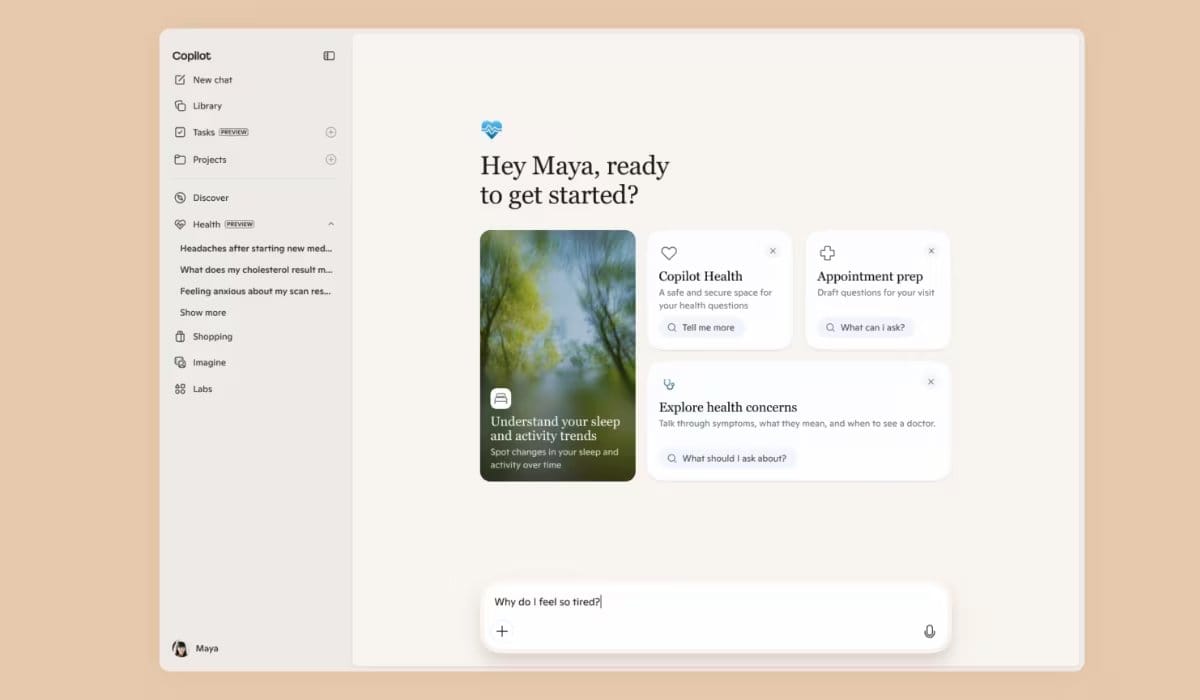 Funciona como un espacio dentro de Copilot para reunir preguntas de salud, datos de wearables y registros médicos en un solo lugar. (Microsoft)
