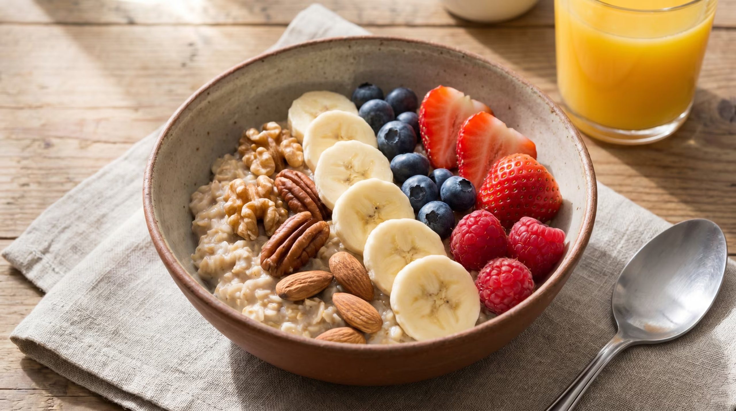 Un tazón de avena cremoso se presenta con plátano en rodajas, arándanos, fresas, frambuesas, nueces y almendras, junto a un vaso de jugo de naranja en una mesa de madera. (Imagen Ilustrativa Infobae)