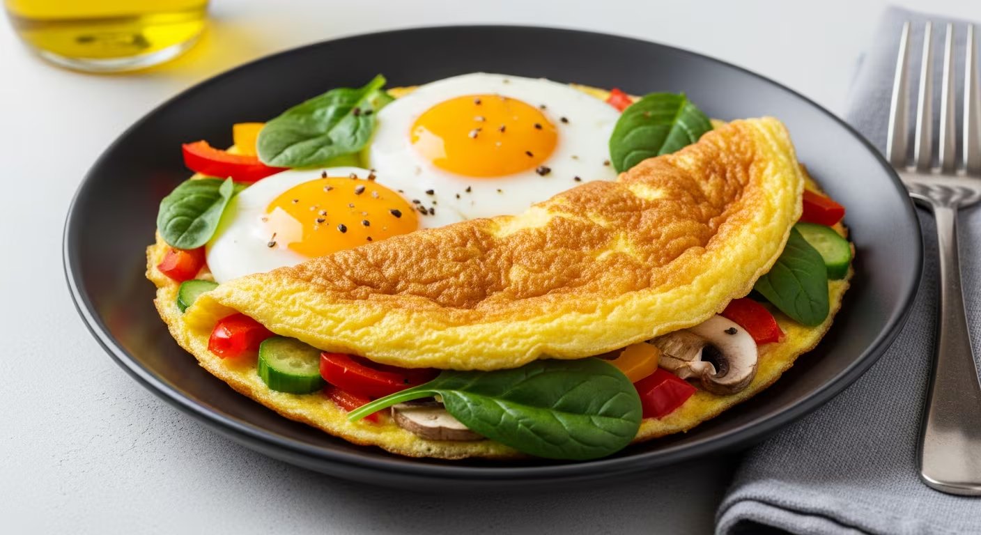 Esta tortilla de verduras, cocinada con aceite de oliva y acompañada de huevos fritos, es una opción cardiosaludable y baja en grasas saturadas, enriquecida con potasio, fibra y micronutrientes para una dieta equilibrada. (Imagen Ilustrativa Infobae)