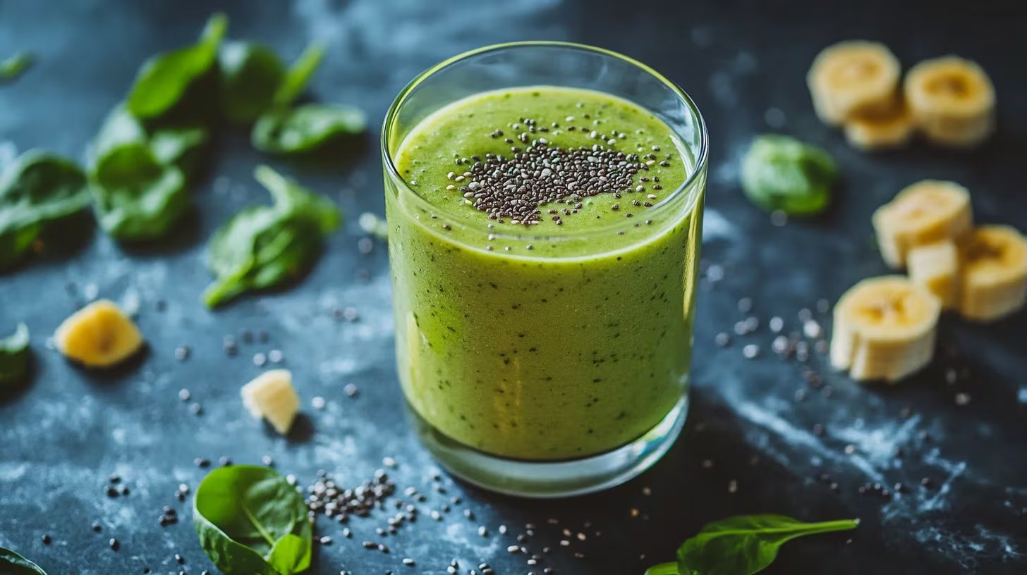 Vaso con licuado verde de espinacas, plátano y chía, ideal para un desayuno natural lleno de energía. – (Imagen Ilustrativa Infobae)
