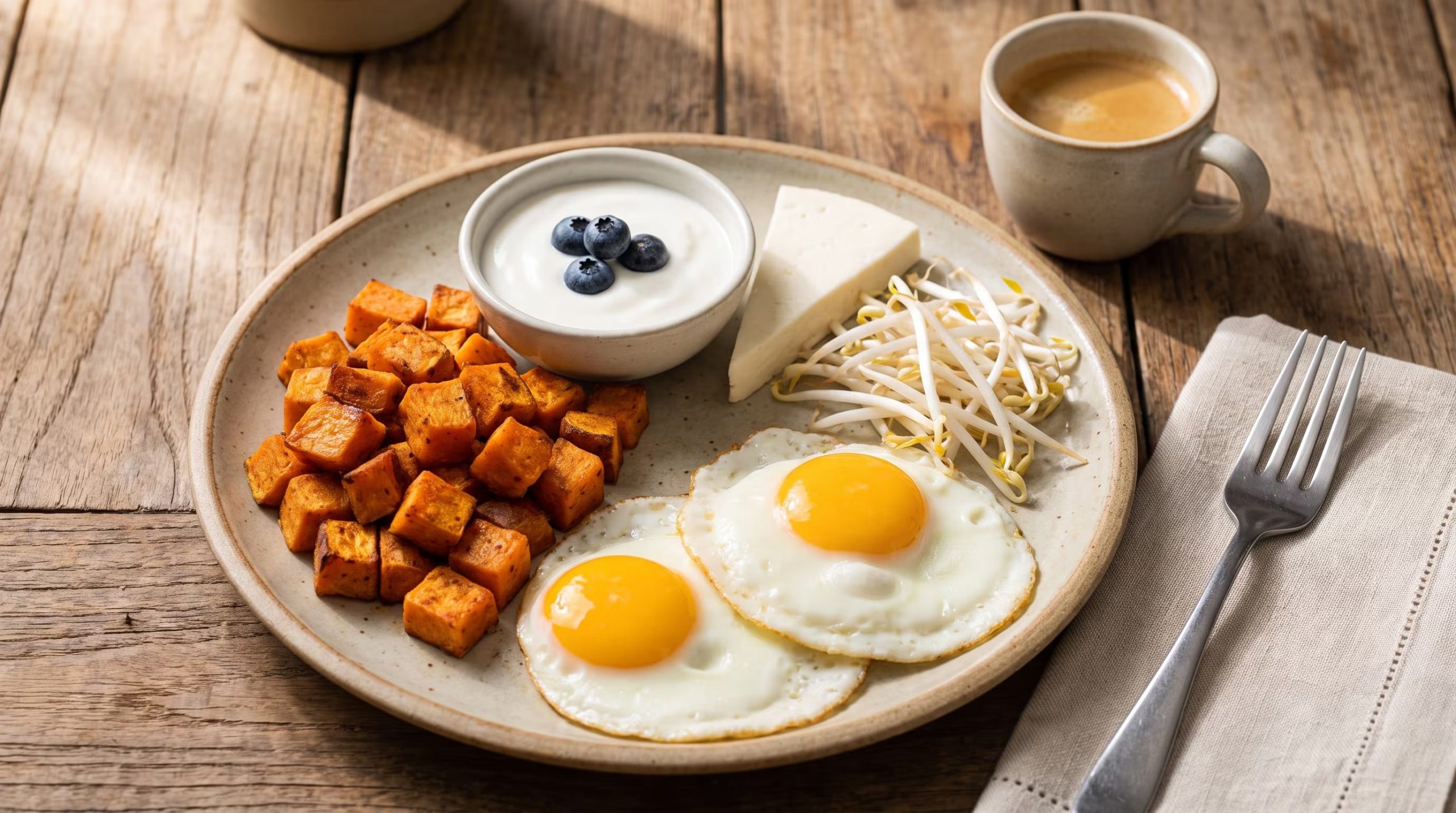 Un desayuno equilibrado sobre una mesa de madera muestra camote asado, huevos fritos, yogur con arándanos, queso y brotes de soja. (Imagen Ilustrativa Infobae)