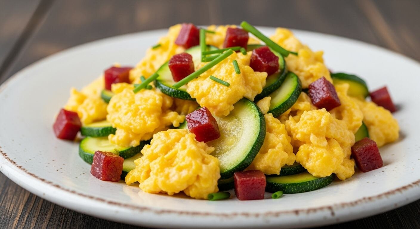 Un apetitoso plato de huevos revueltos acompañado de rodajas de calabacín fresco y cubos de jamón, adornado con cebollino, servido en un plato blanco. Esta combinación destaca por su colorido y frescura, ideal para un desayuno nutritivo. (Imagen Ilustrativa Infobae)