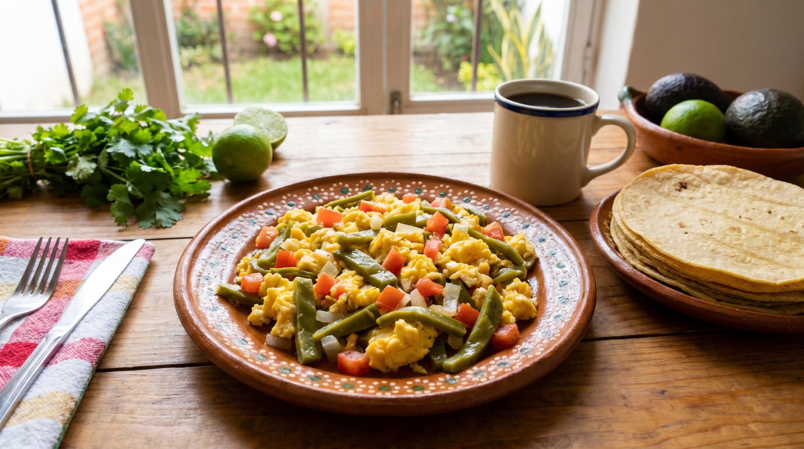 Un vibrante desayuno mexicano con huevos revueltos, nopales, jitomate y cebolla, servido junto a tortillas de maíz y café en una mesa de cocina bañada por la luz de la mañana. (Imagen Ilustrativa Infobae)