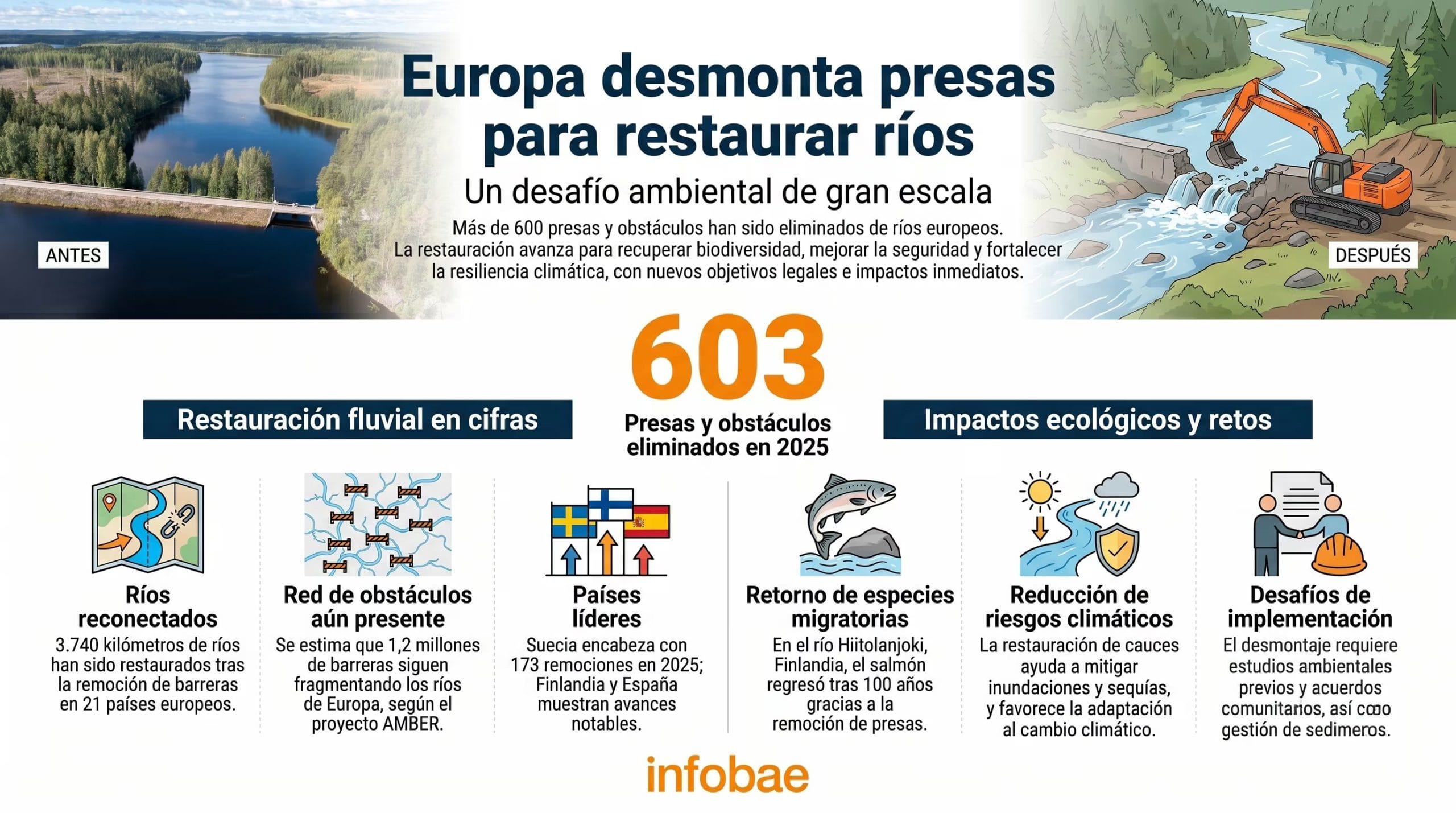 En el a&ntilde;o 2025, m&aacute;s de 600 presas y obst&aacute;culos fluviales fueron eliminados en 21 pa&iacute;ses de Europa, seg&uacute;n Dam Removal Europe (Imagen Ilustrativa Infobae)