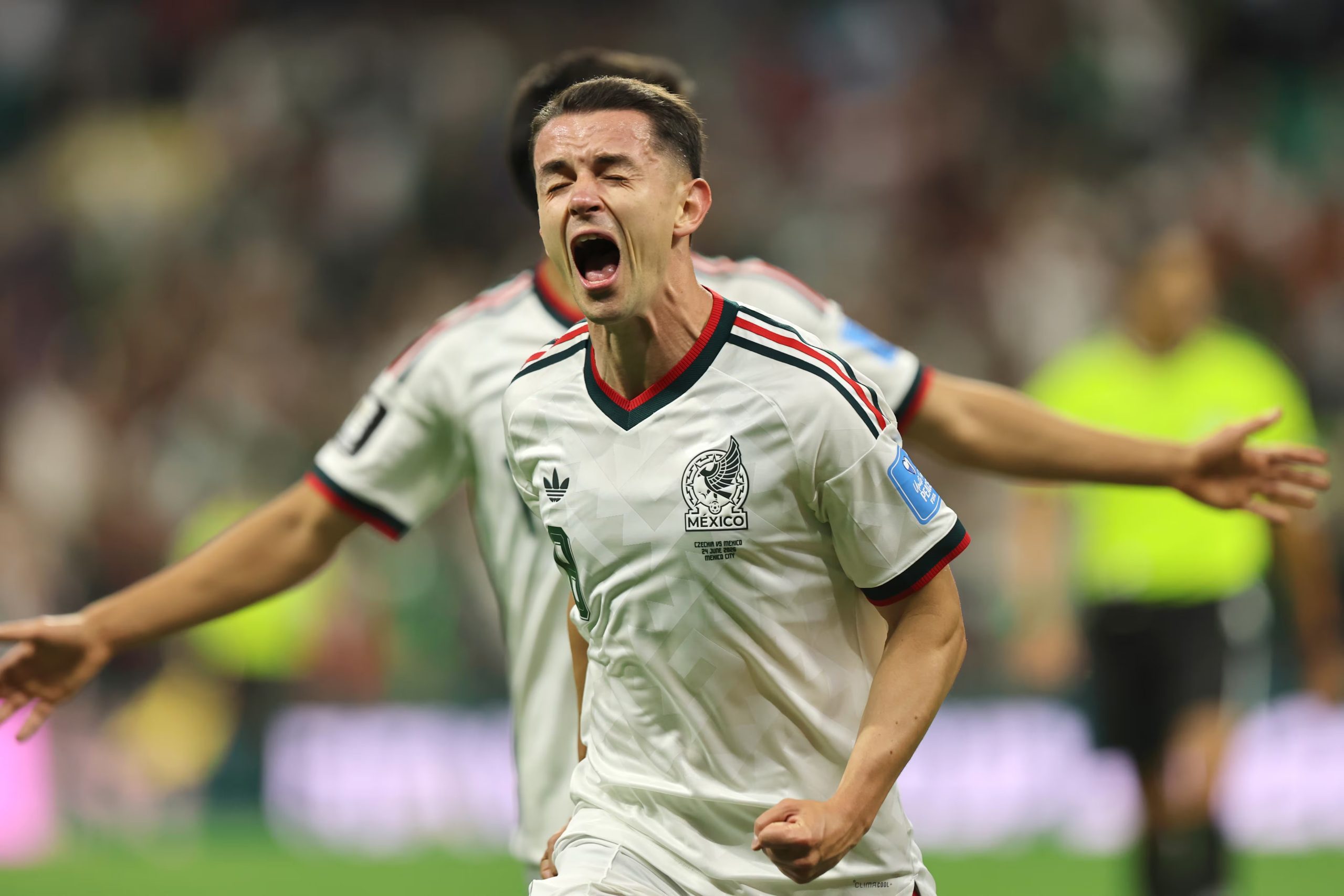 &Aacute;lvaro Fidalgo celebra su primer gol con M&eacute;xico. EFE/ Isaac Esquivel
