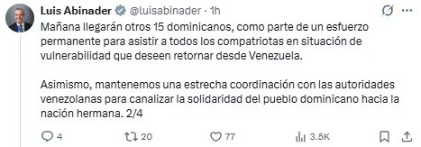 Luis Abinader anunció que otros 15 dominicanos llegarán en las próximas horas y pidió contactarse con los canales habilitados por el MIREX. (Cortesía: Luis Abinader)