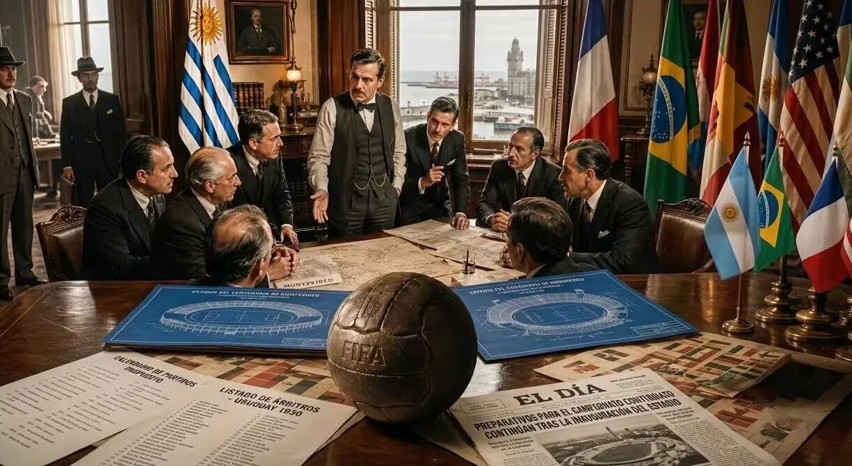 Uruguay, comienzan los preparativos del primer Mundial de fútbol, el torneo que daría origen a la mayor competencia deportiva del planeta (Recreación digital Gemini)
