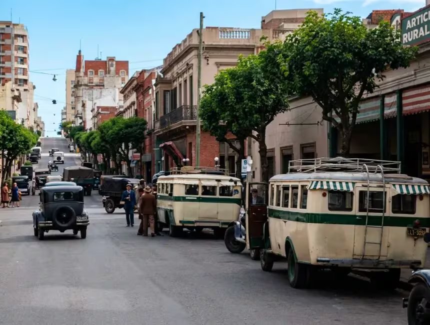 Montevideo en 1930, cuando la capital uruguaya atravesaba uno de los períodos de mayor crecimiento y modernización de su historia; entre comercios, vehículos y una intensa actividad urbana, la ciudad proyectaba la imagen de una nación confiada en su desarrollo y abierta al mundo (Recreación digital Gemini)