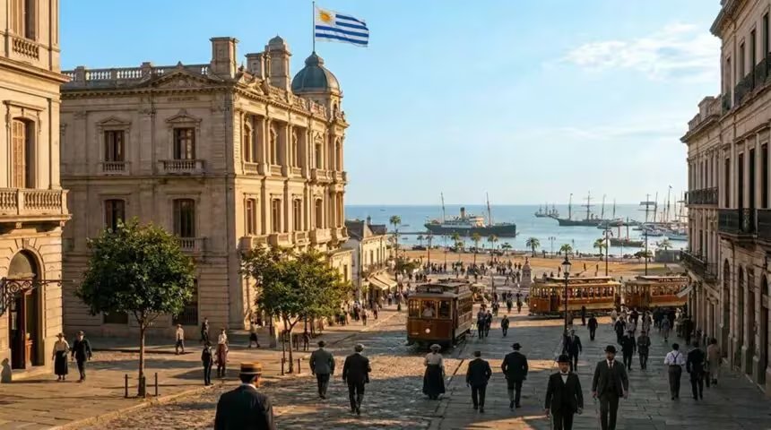 El puerto de Montevideo en 1930, puerta de entrada de viajeros, inmigrantes y delegaciones llegadas de distintos rincones del mundo; en una ciudad en pleno auge económico y urbano, sus muelles fueron escenario de la llegada de los barcos que transportaron a los protagonistas del primer Mundial de la FIFA (Recreación digital Gemini)