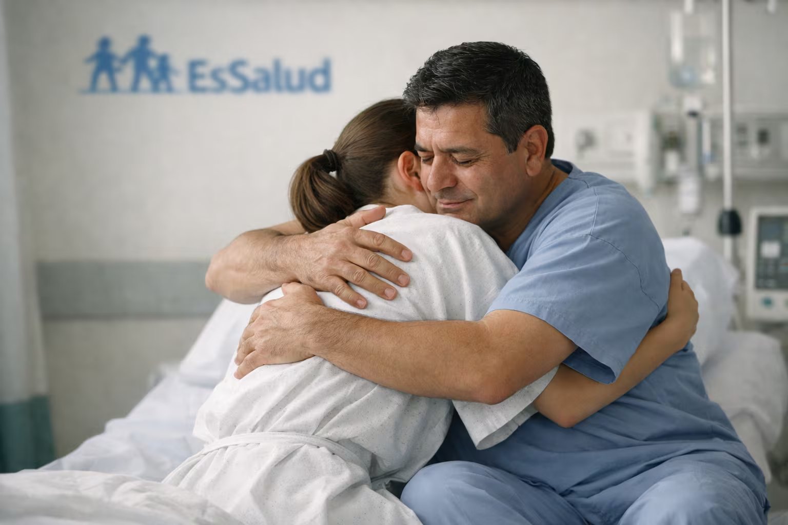La fotografía ilustra a un padre abrazando a su hija tras un trasplante en una sala de recuperación del Hospital Almenara de EsSalud. (Imagen Ilustrativa Infobae)