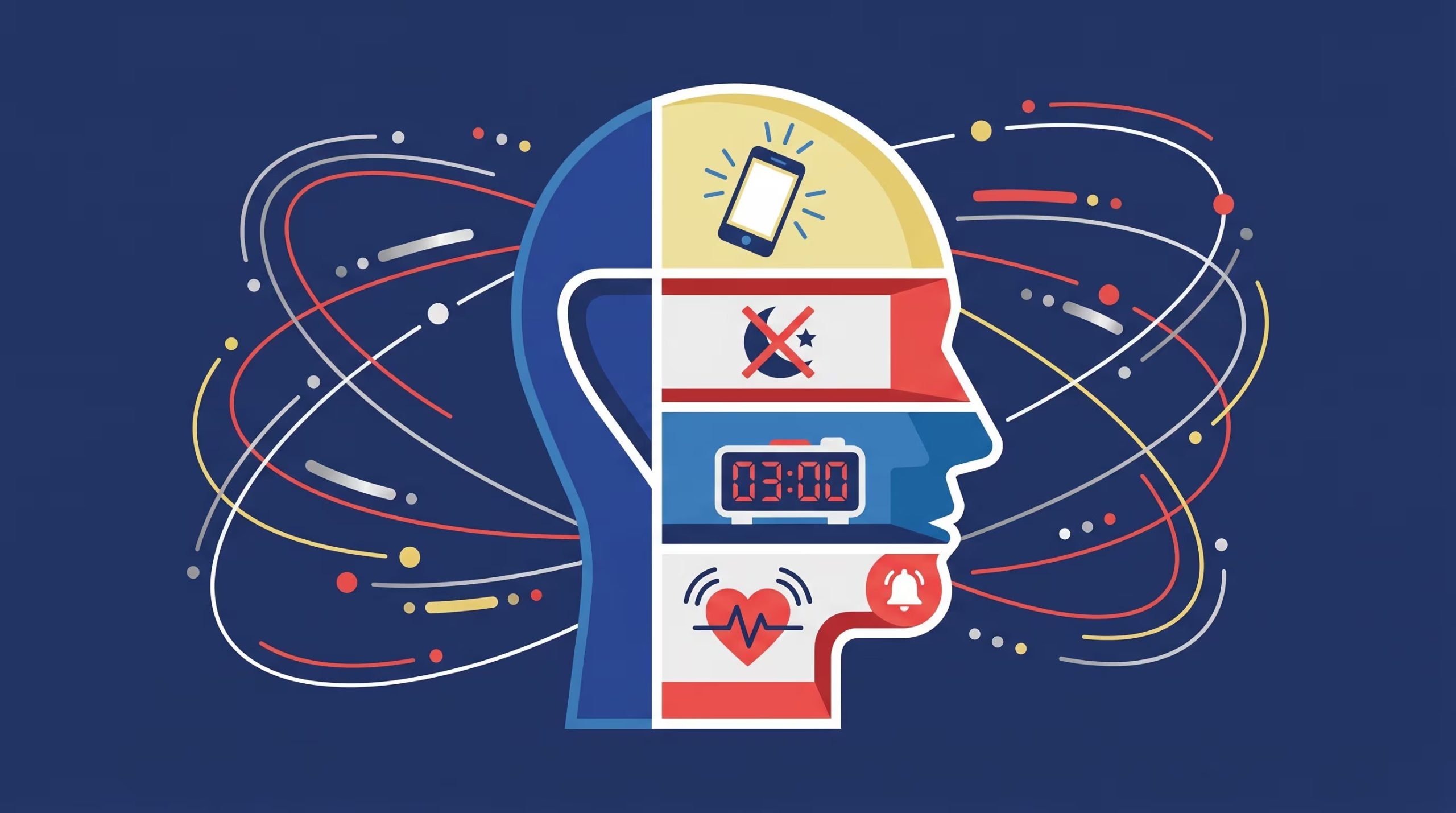 Esta ilustraci&oacute;n conceptual representa una cabeza de perfil dividida en compartimentos, con iconos que simbolizan la distracci&oacute;n digital, el insomnio, las alarmas constantes y la ansiedad, rodeada por el flujo ca&oacute;tico de informaci&oacute;n. (Imagen Ilustrativa Infobae)