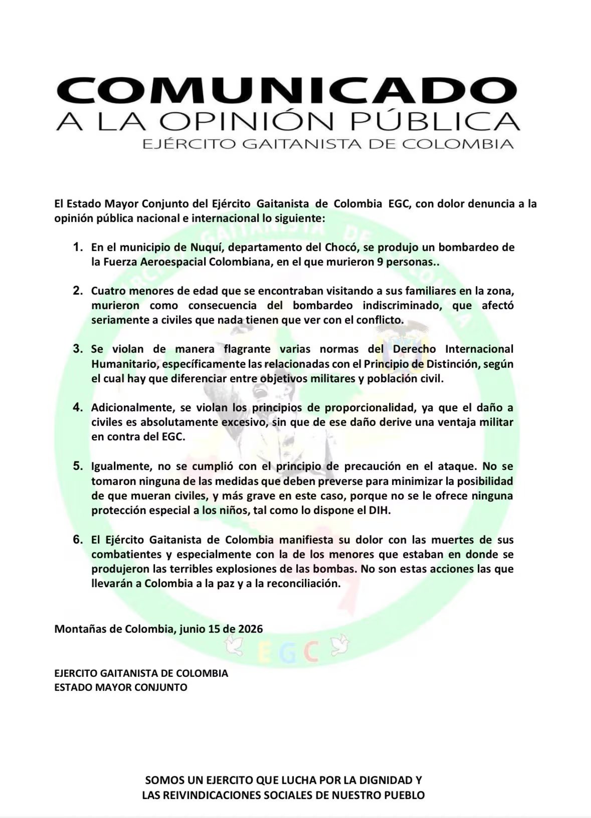 El grupo armado cuestionó las condiciones en las que se desarrolló el bombardeo. - crédito @soygaitanista/X