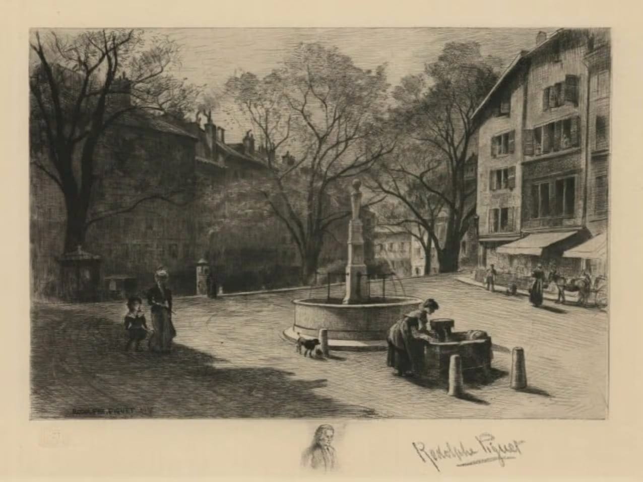 Un dibujo de la plaza Du Bour de Four, en Ginebra.