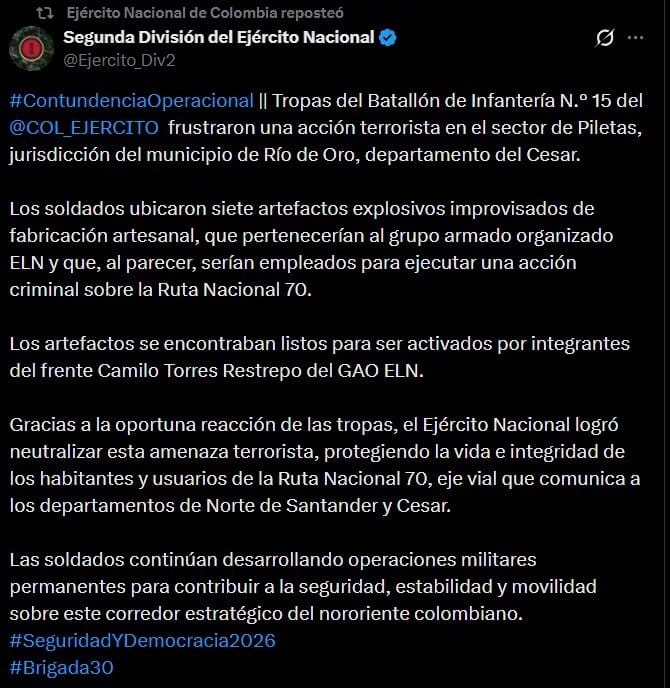 Las autoridades informaron que los artefactos explosivos fueron fabricados de manera artesanal con material tipo R-1 - cr&eacute;dito @Ejercito_Div2/X