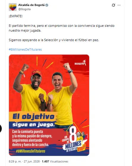 La Alcaldía de Bogotá reaccionó al empate entre Colombia y Portugal - crédito @Bogota/X