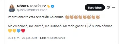 La presentadora aseguró que la selección Colombia merecía ganarle a Portugal - crédito @MONYRODRIGUEZOF/X