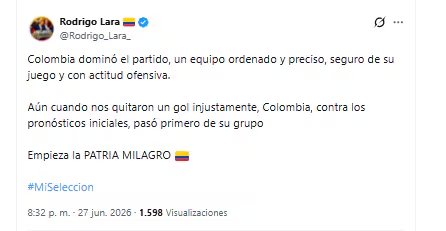 Rodrigo Lara, próximo ministro del Interior, celebró el desempeño de la selección Colombia en el compromiso contra Portugal - crédito @Rodrigo_Lara_/X