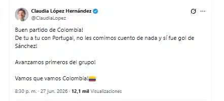 La exalcaldesa Claudia López Hernández aseguró que el gol de Dávinson Sánchez no debió ser anulado - crédito @ClaudiaLopez/X