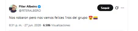 El humorista Piter Albeiro celebró el hecho de que Colombia es primero en el grupo K - crédito @PITERALBEIRO/X