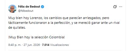 El periodista Félix de Bedout celebró el desempeño de la selección Colombia - crédito @fdbedout/X