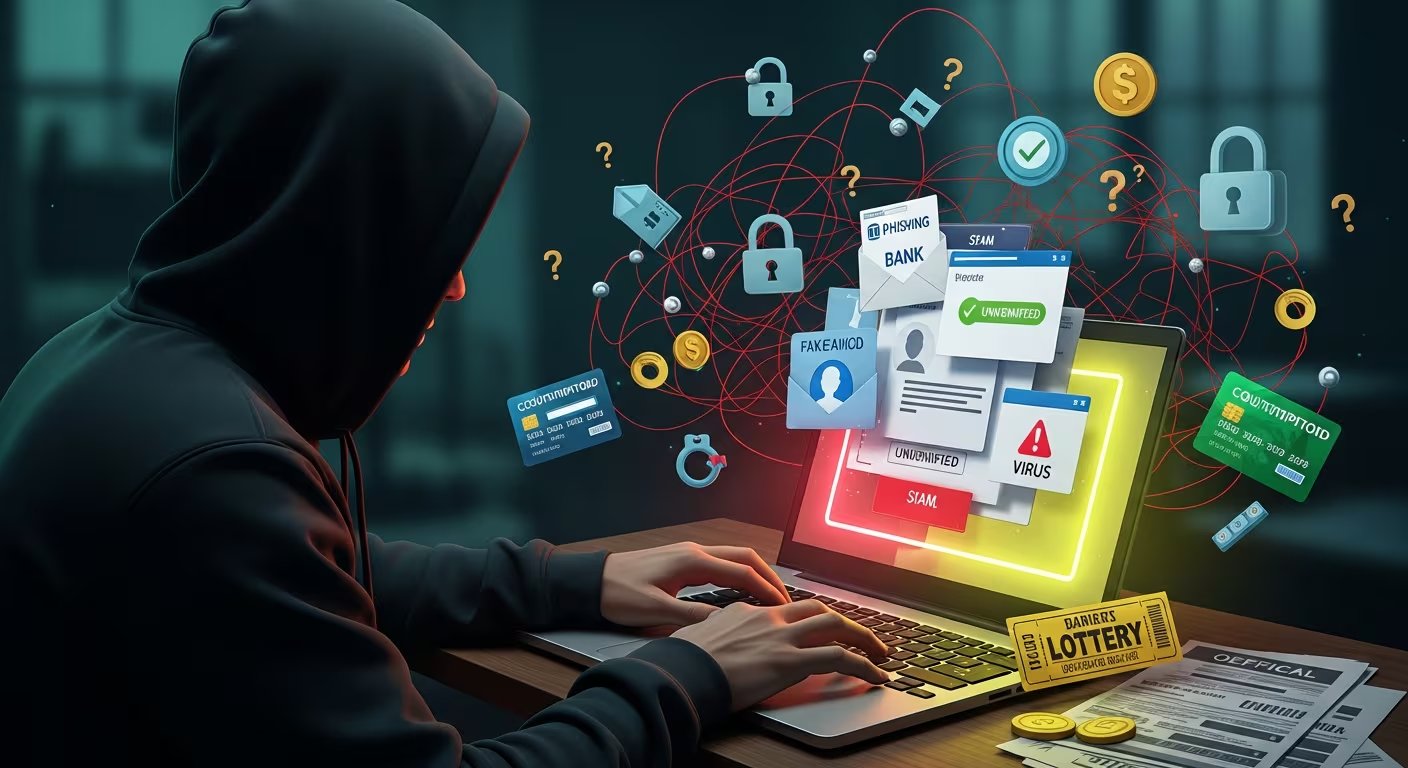 Un ciberdelincuente encapuchado manipula una laptop, rodeado de elementos visuales que representan estafas, phishing y virus, simbolizando los crecientes peligros del fraude digital. (Imagen Ilustrativa Infobae)