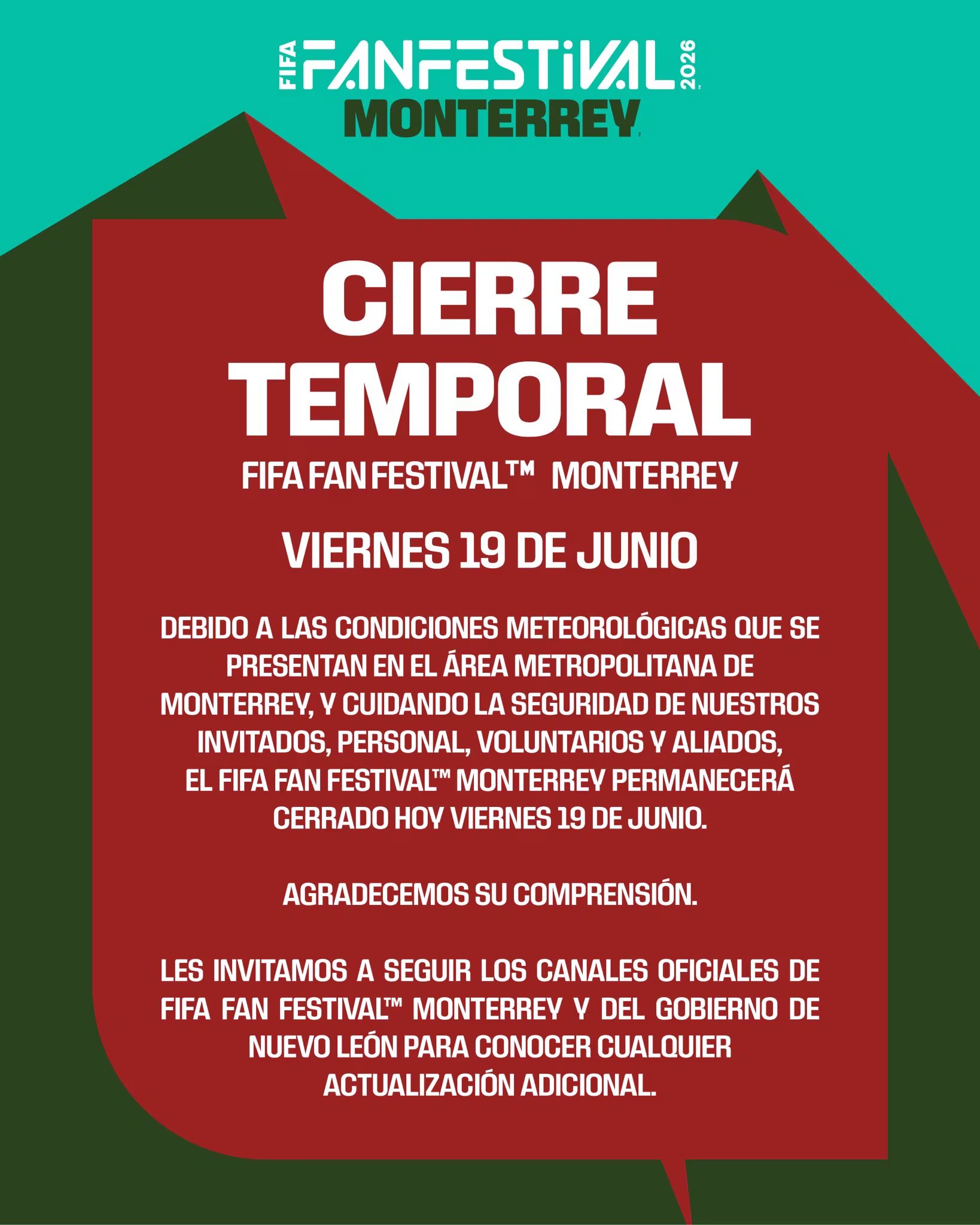 Clima adverso en Monterrey suspende las actividades en el Fan Fest de este viernes (X / FIFA World Cup 26&trade; Monterrey)