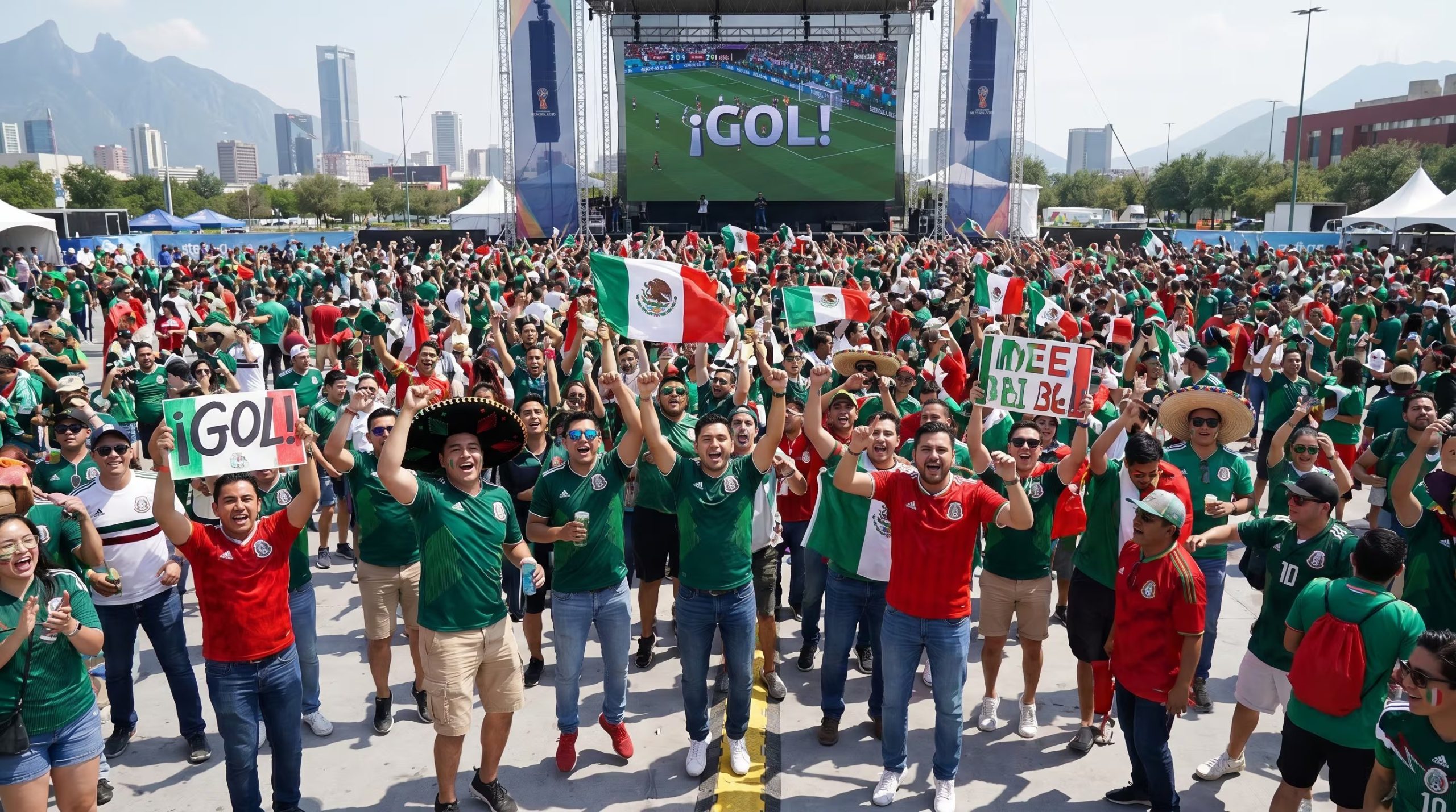 Mexicanos festejan un gol en el Fan Fest de Monterrey.. (Imagen Ilustrativa Infobae)
