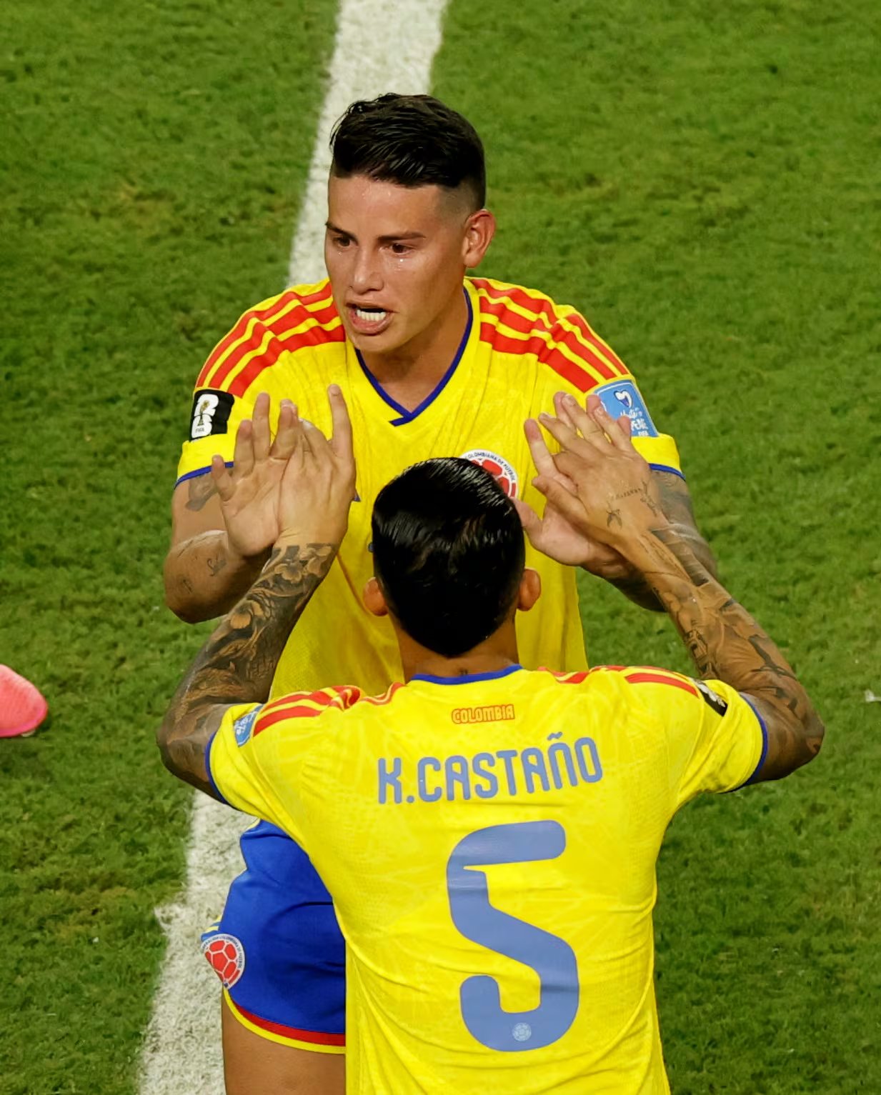 Soccer Football - FIFA World Cup 2026 - Group K - Colombia v Portugal - Miami Stadium, Miami Gardens, Florida, U.S. - June 27, 2026 Colombia's Kevin Castano comes on as a substitute to replace James Rodriguez REUTERS/Amanda Perobelli
