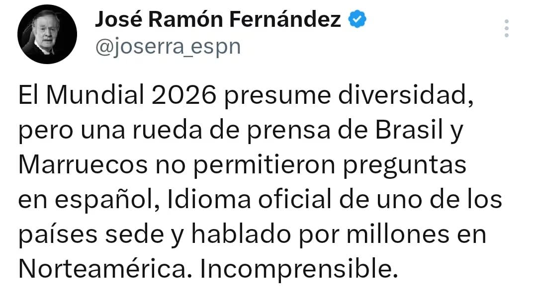El periodista lament&oacute; controversia en conferencias de Brasil y Marruecos. (X / Jos&eacute; Ram&oacute;n Fern&aacute;ndez)