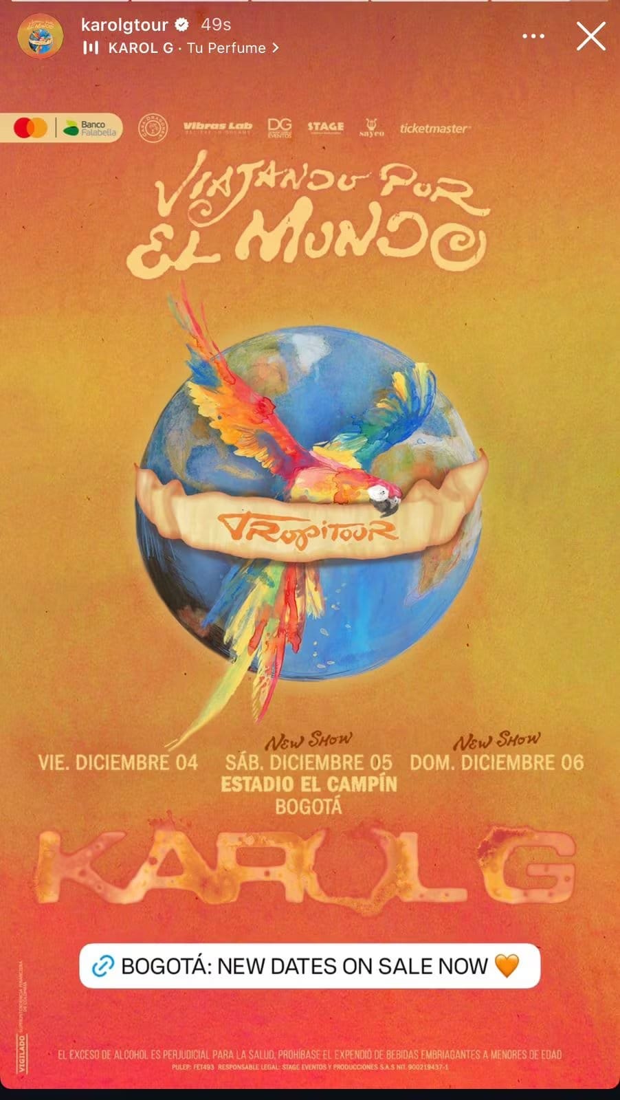La demanda de entradas para el &ldquo;Viajando por el mundo, Tropitour&rdquo; en Bogot&aacute; impuls&oacute; la apertura de dos nuevas fechas en El Camp&iacute;n, programadas para el 5 y 6 de diciembre de 2026 - cr&eacute;dito @karolgtour / Instagram