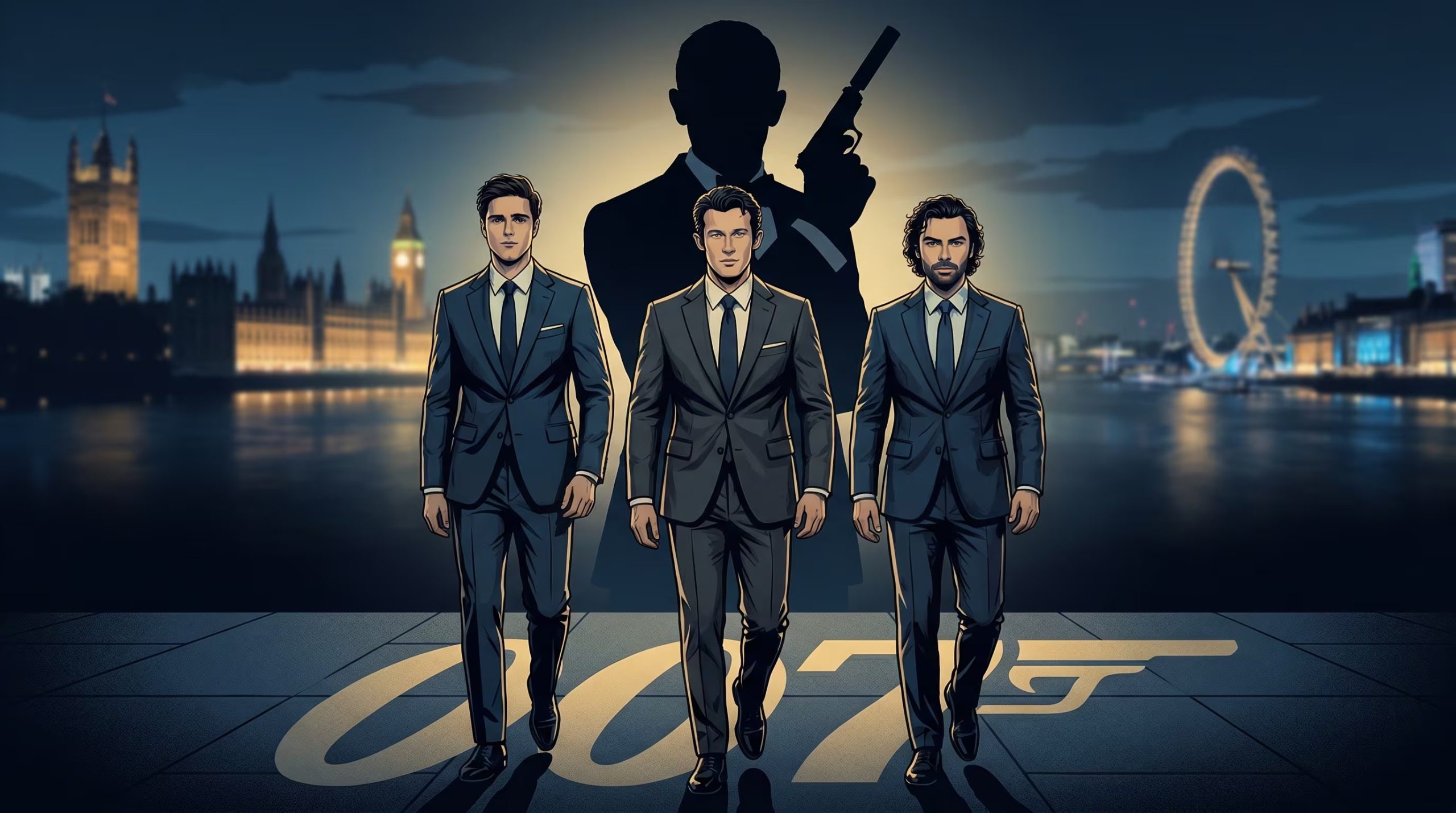 Jacob Elordi, Callum Turner y Aidan Turner se visualizan como los próximos James Bond, de pie con trajes elegantes ante la silueta del agente 007 y el horizonte iluminado de Londres, simbolizando la intensa contienda por el rol. (Imagen Ilustrativa Infobae)