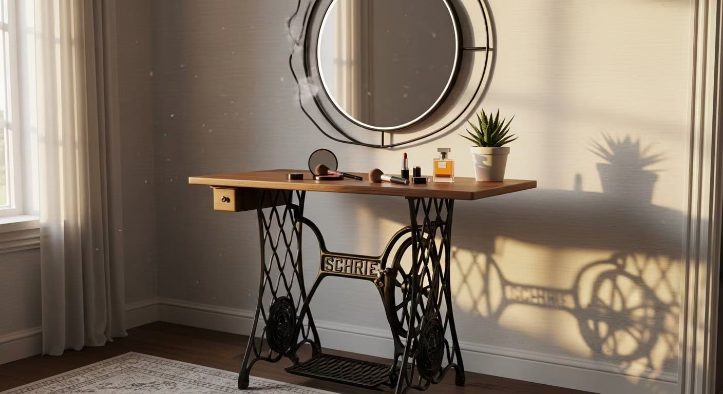 Una mesa de máquina de coser antigua ha sido convertida en un elegante tocador. (Imagen Ilustrativa Infobae)