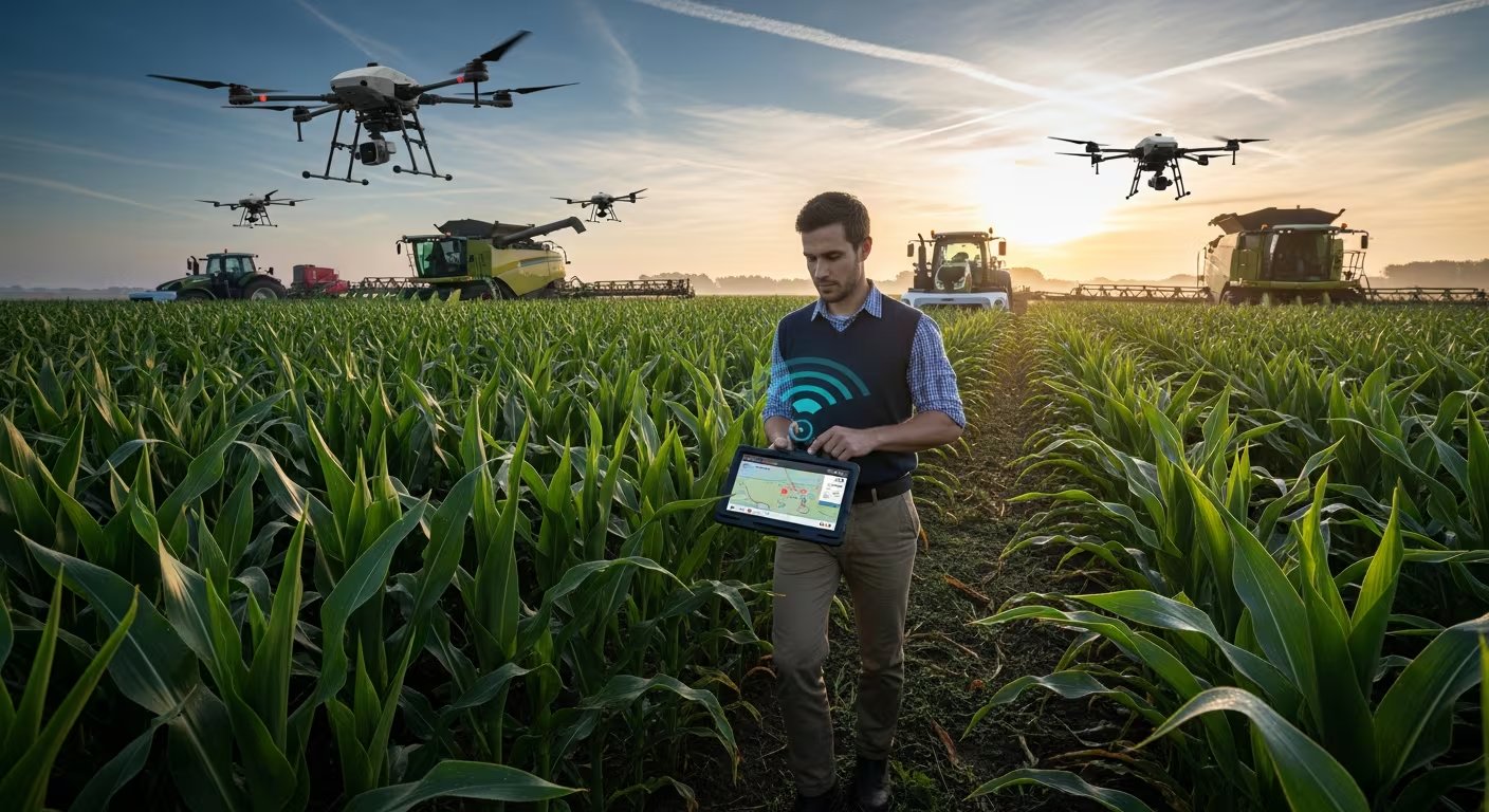 Un ingeniero agrícola joven controla tractores autónomos y drones en un campo de maíz al amanecer con una tableta, ilustrando la agricultura de precisión. (Imagen Ilustrativa Infobae)
