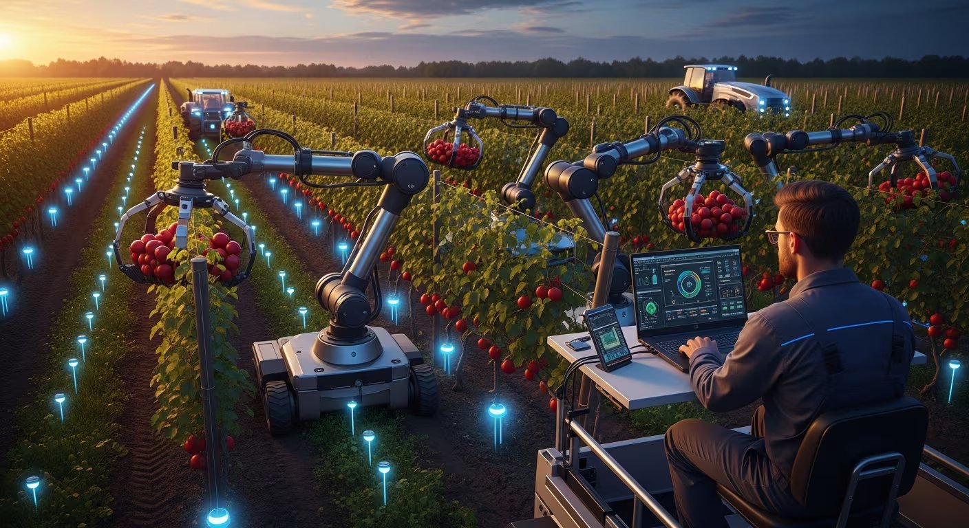 Un profesional supervisa desde una computadora portátil las operaciones de un campo agrícola futurista, donde robots cosechan frutos con ayuda de sensores inteligentes y tractores autónomos al atardecer. (Imagen Ilustrativa Infobae)
