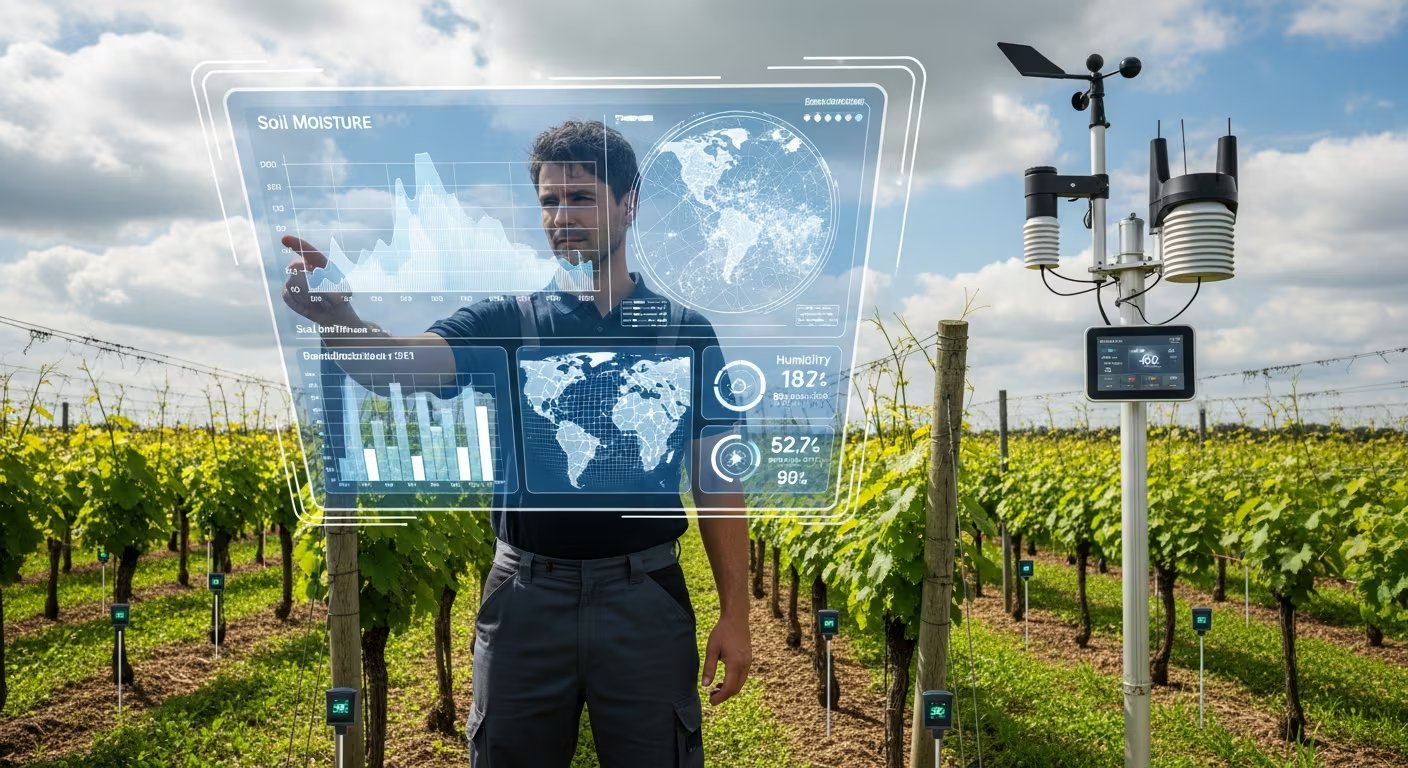Un profesional agrícola revisa gráficos de humedad y mapas satelitales en una pantalla holográfica, mientras se encuentra en un viñedo con sensores IoT y una estación meteorológica inteligente. (Imagen Ilustrativa Infobae)