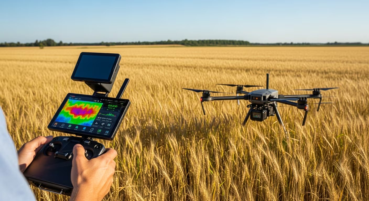 Un especialista opera un dron multiespectral sobre un cultivo de trigo, mostrando en su controlador mapas de calor y análisis de vegetación generados por inteligencia artificial para la agricultura. (Imagen Ilustrativa Infobae)
