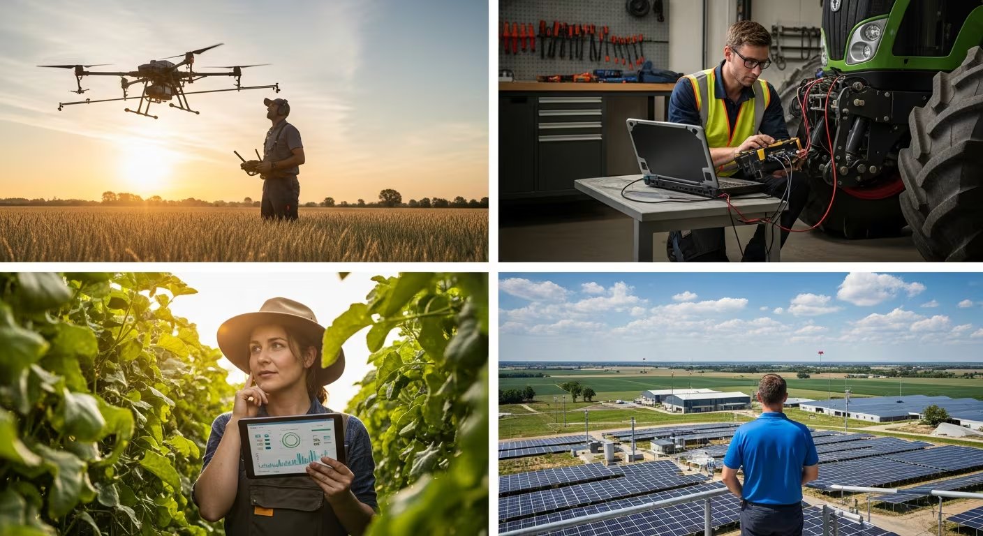 Un operador de drones agrícolas, un ingeniero programando un tractor autónomo, una especialista analizando datos en un cultivo y un gestor supervisando una granja inteligente ilustran el impacto de la tecnología en la agricultura actual. (Imagen Ilustrativa Infobae)
