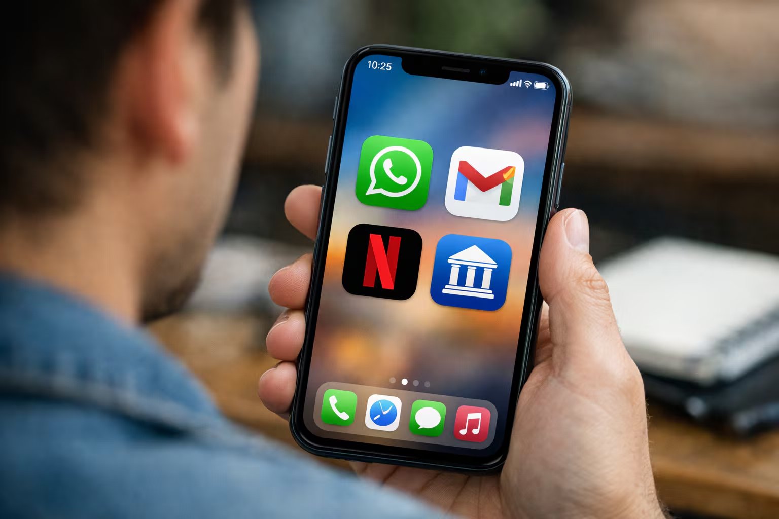 Un usuario revisa su smartphone mostrando la pantalla principal con iconos de aplicaciones populares como WhatsApp, Gmail, Netflix y una aplicación bancaria. (Imagen Ilustrativa Infobae)