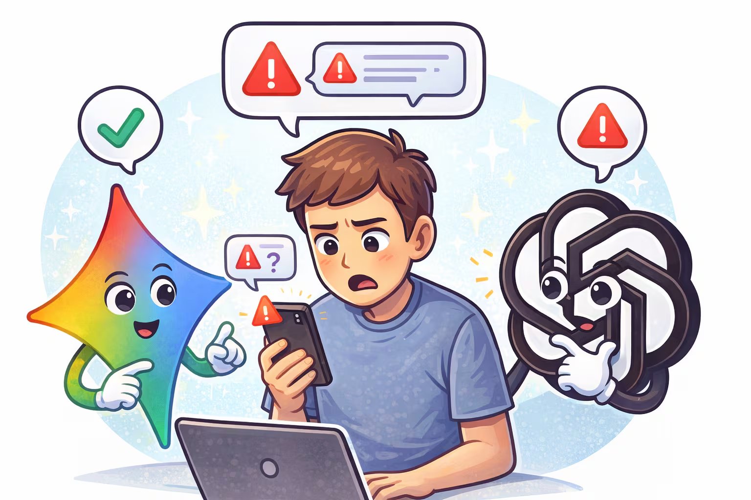 Ilustración animada muestra a Gemini y ChatGPT asistiendo a una persona a identificar posibles fraudes en su celular. (Imagen Ilustrativa Infobae)