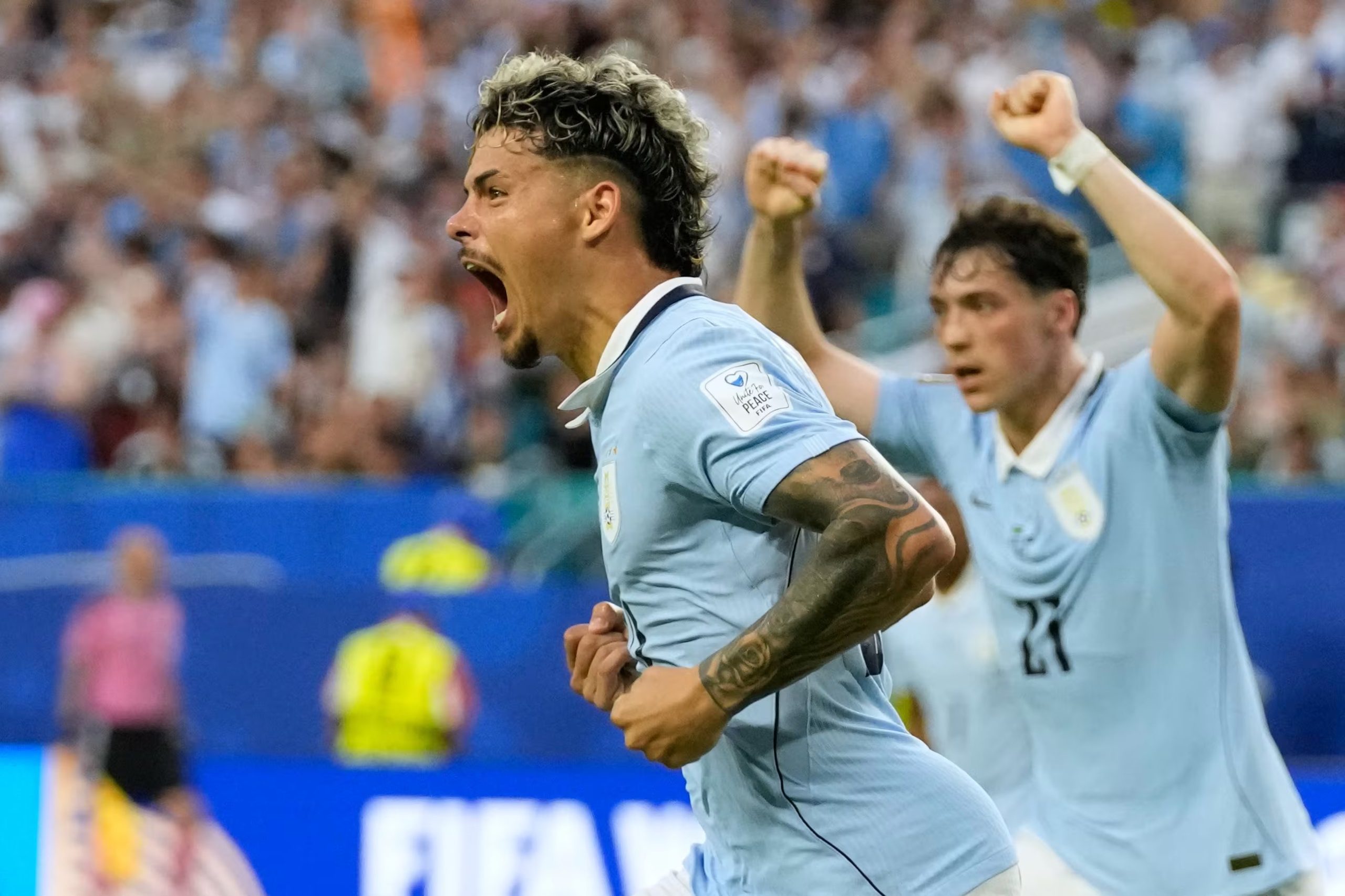 Maxi Araujo, de la selección de Uruguay, festeja tras anotar ante Arabia Saudí en el partido del Mundial realizado el lunes 15 de junio de 2026 en Miami (AP Foto/Lynne Sladky)