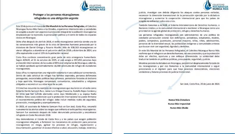 Unas 16.500 solicitudes de refugio de ciudadanos de Nicaragua ubicaron a Costa Rica como principal receptor de la diáspora forzada por la persecución del régimen. (Cortesía: Colectivo Nicaragua Nunca Más)