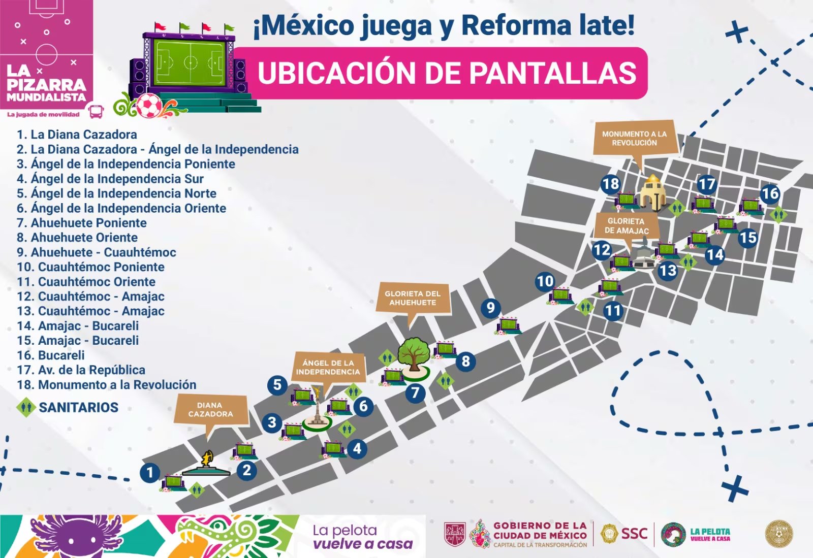 Un mapa de la Ciudad de M&eacute;xico muestra dieciocho puntos con pantallas y sanitarios designados por el Gobierno CDMX para ver el partido M&eacute;xico vs Ecuador. (X/ @SSC_CDMX)