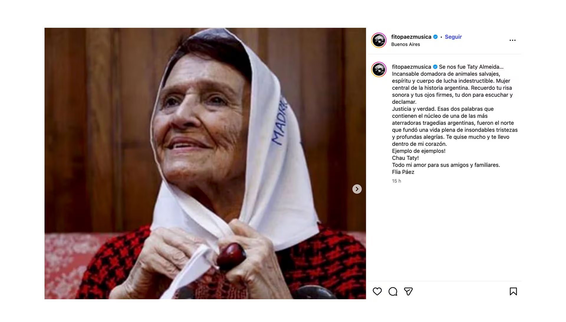 Cristina Kirchner, Fito P&aacute;ez, Axel Kicillof, Abuelas de Plaza de Mayo y La C&aacute;mpora despidieron a Taty Almeida con mensajes de memoria, verdad y justicia