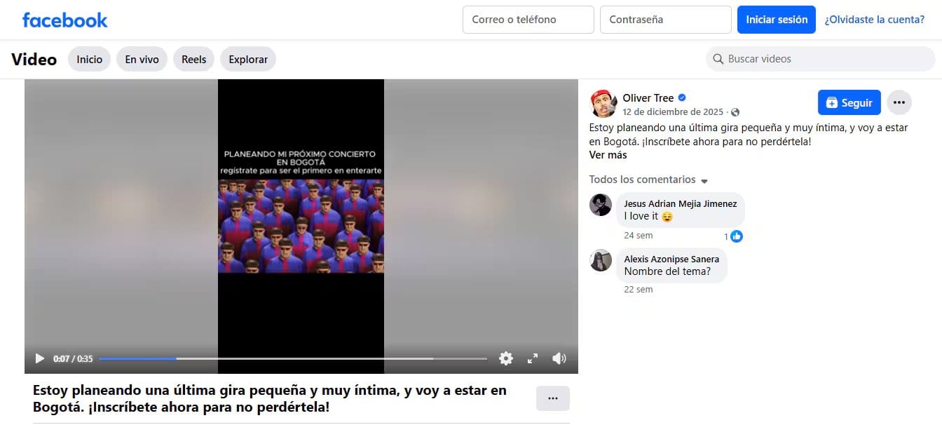 El artista propuso a Bogotá como eventual sede de su gira musical en 2026 - crédito Oliver Tree/Facebook