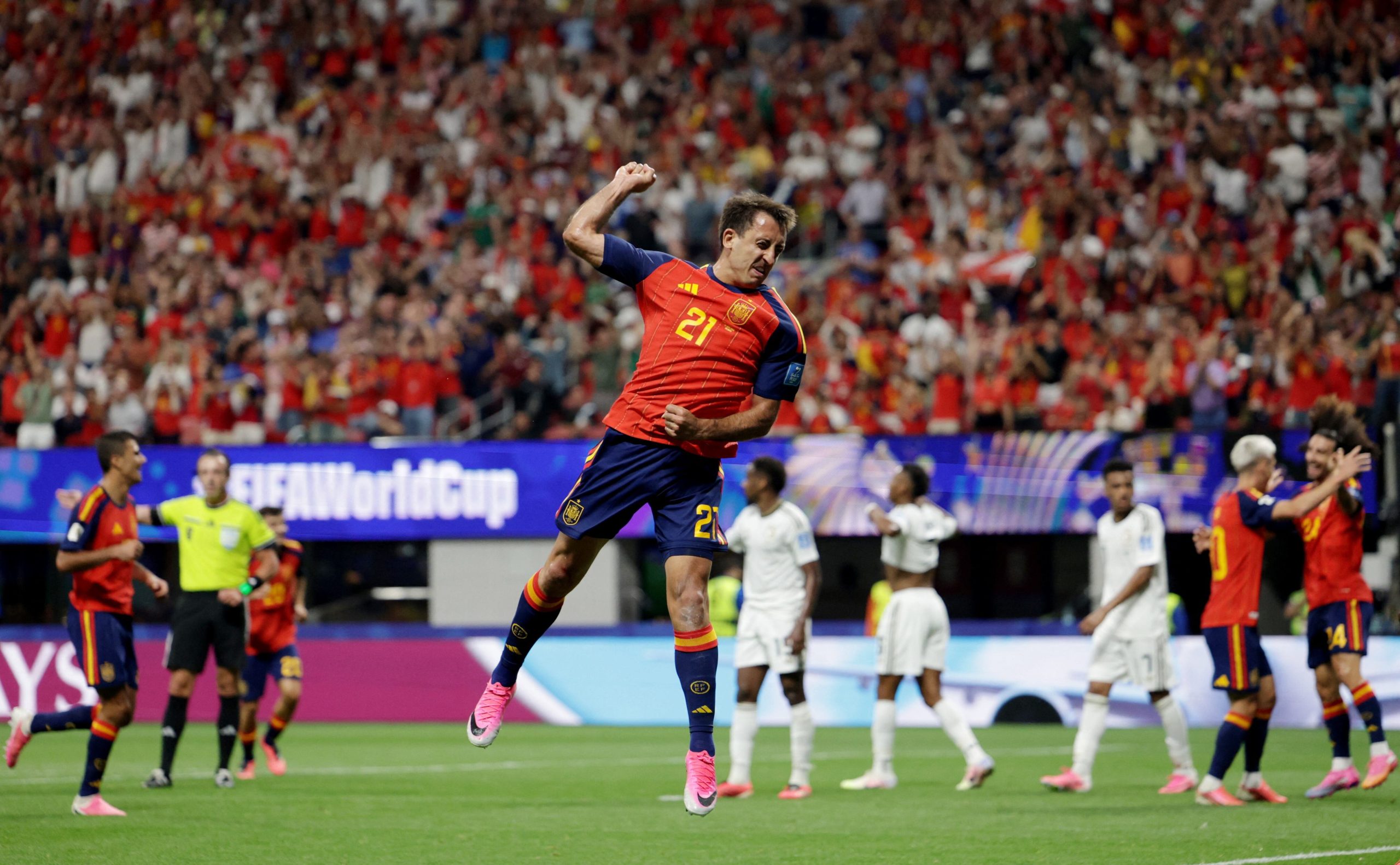 Soccer Football - FIFA World Cup 2026 - Group H - Spain v Saudi Arabia - Atlanta Stadium, Atlanta, Georgia, U.S. - June 21, 2026 Spain's Mikel Oyarzabal celebrates scoring their third goal REUTERS/Claudia Greco