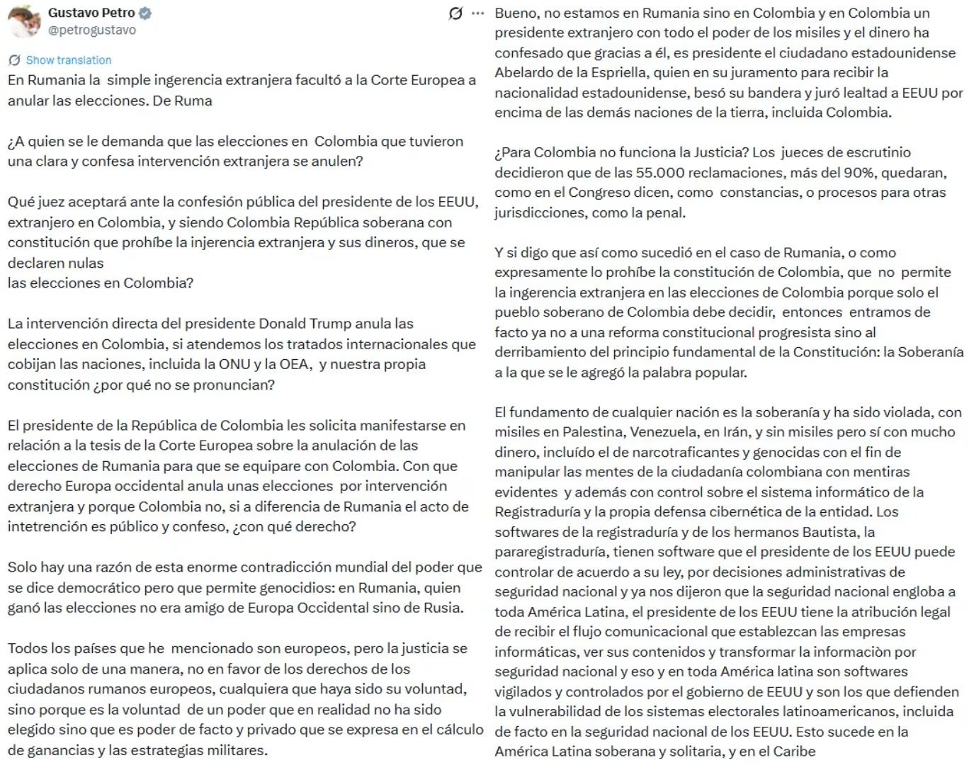 Petro denunci&oacute; a trav&eacute;s de un trino la intervenci&oacute;n del presidente estadounidense Donald Trump en las elecciones colombianas. - cr&eacute;dito @petrogustavo/X