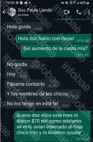Chat atribuído a Paula Liendo, una de las procesadas en la causa
